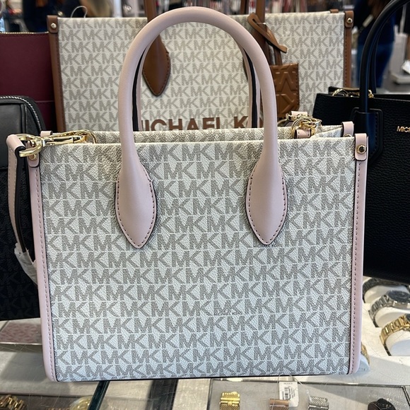 Michael Kors Mirella Small Shopper Top Zip Crossbody Bag Powder Blush Multi Logo - Picture 7 of 16